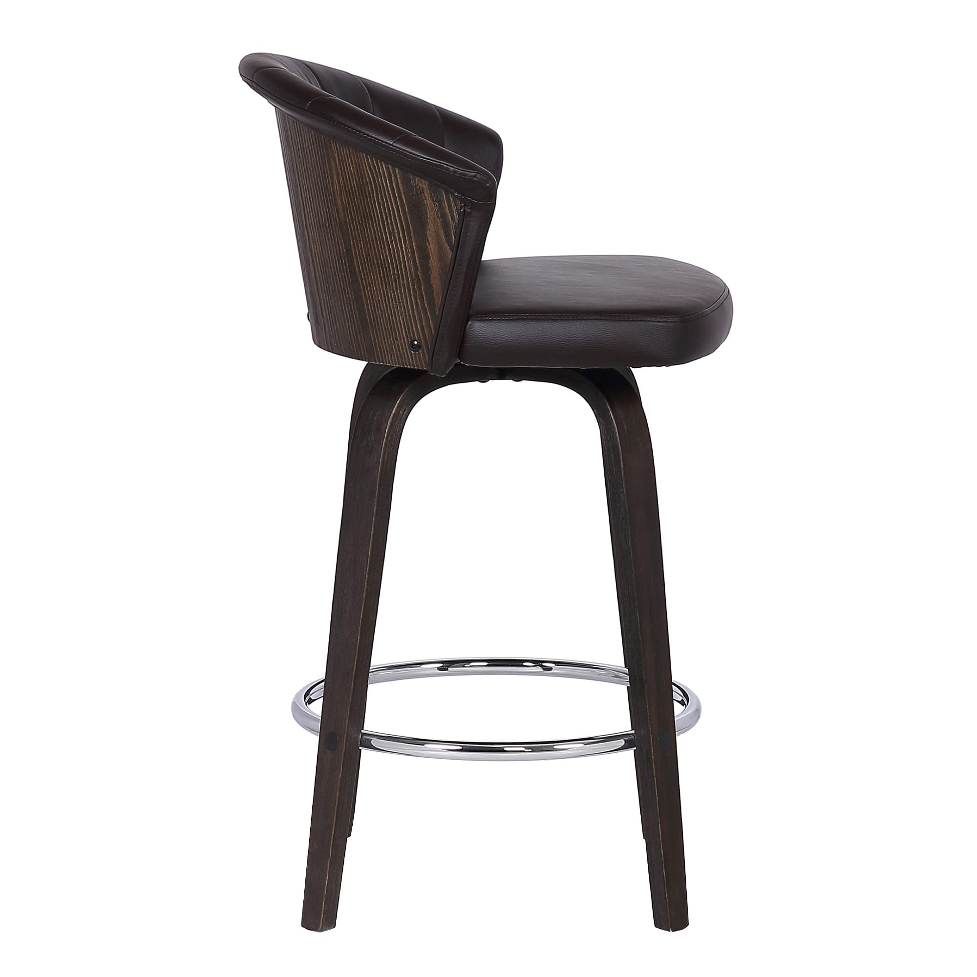 HomeRoots Chrome Steel, Faux Leather, Plywood 26' Dark Brown Faux Leather and Rustic Wood Back Swivel Bar Stool
