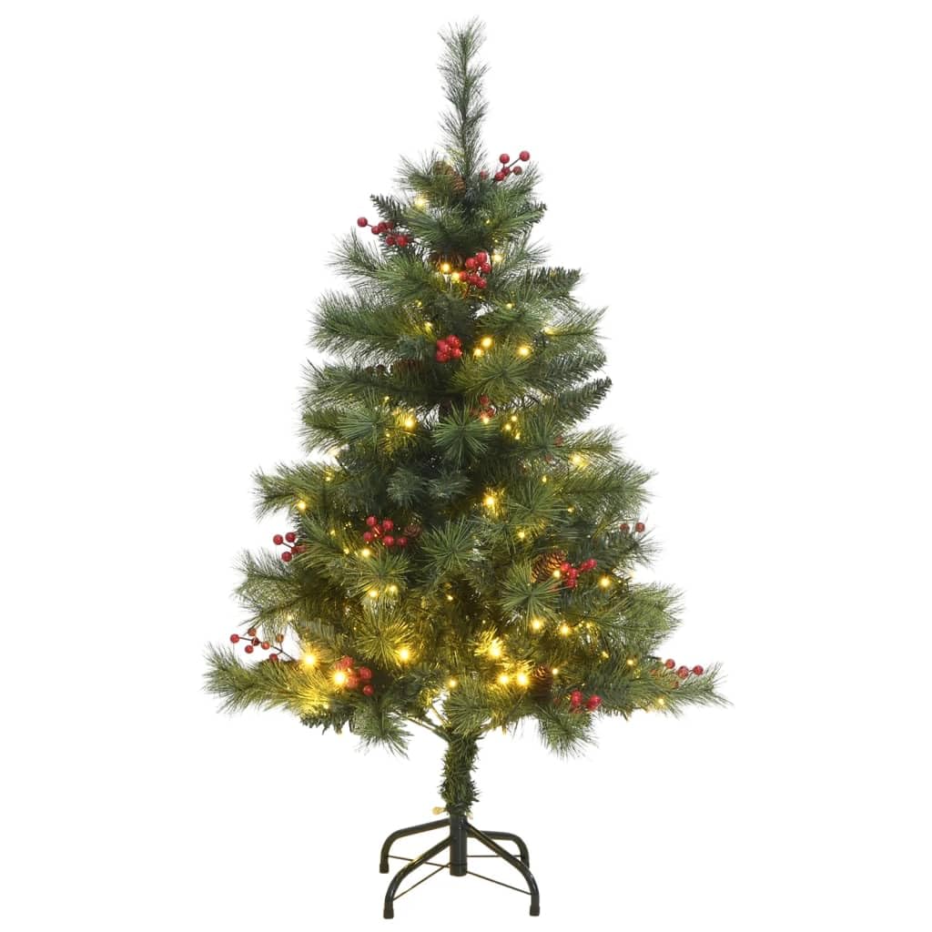 vidaXL Artificial Hinged Xmas Tree with LEDs - 47.2&quot;&quot; Green PVC Christmas Decoration with Berry and Cone Accents, 150 Warm White LED Lights, Metal Stand, 3210181