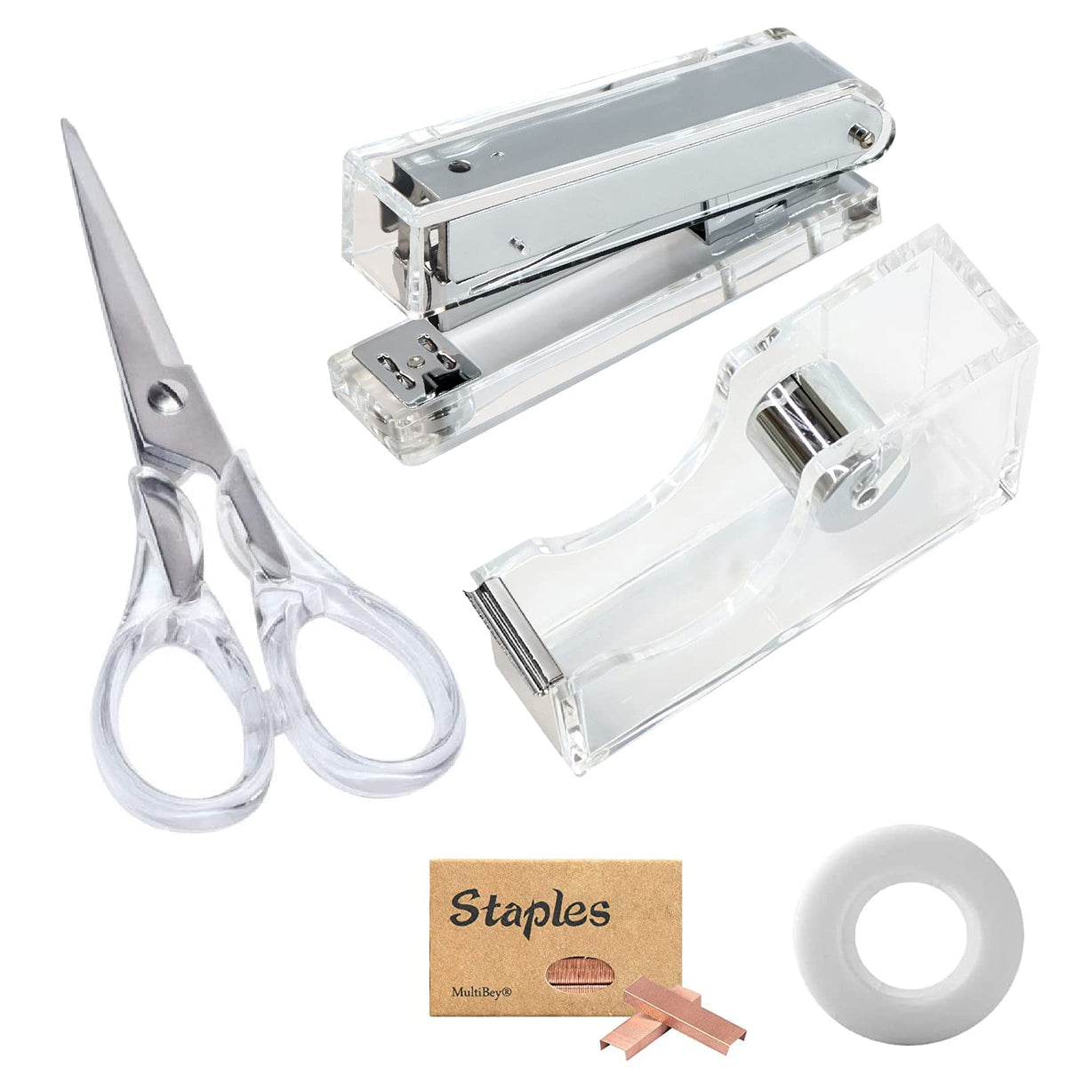 Acrylic Silver Stapler Tape Dispenser Scissors Set Heavy Duty Office Desk Stapler Tape Cutter Dispenser With 6.3' Silver Scisso