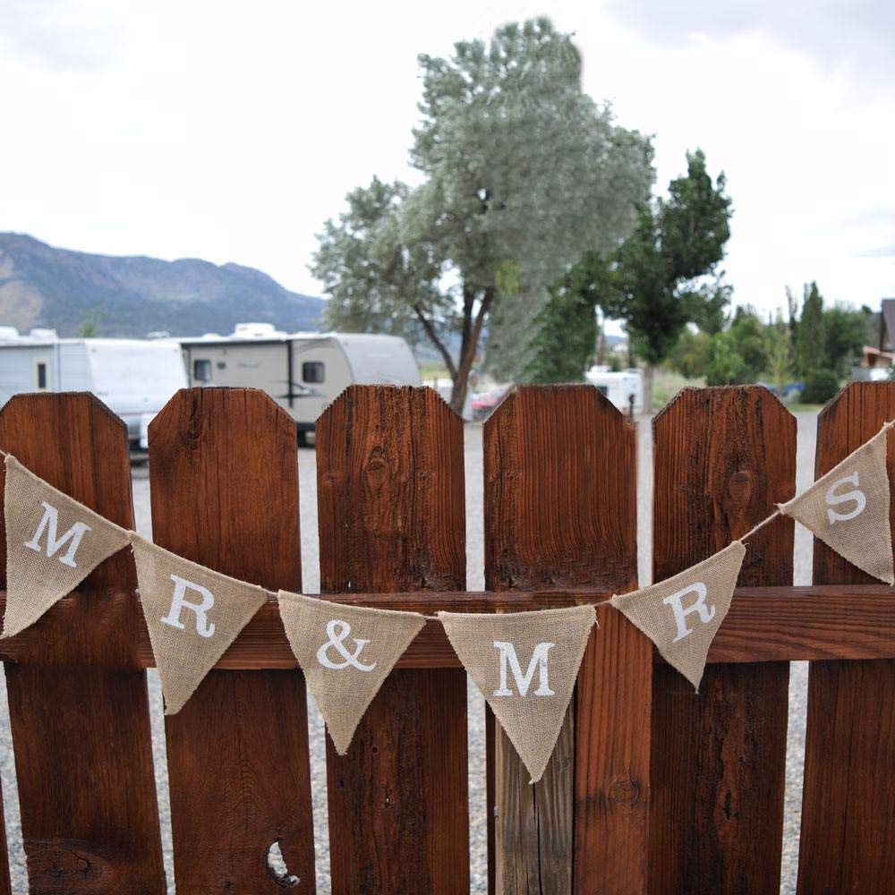 Quasimoon PaperLanternStore.com Mr and Mrs Wedding Burlap Triangle Flag Pennant Banner (5 Ft)