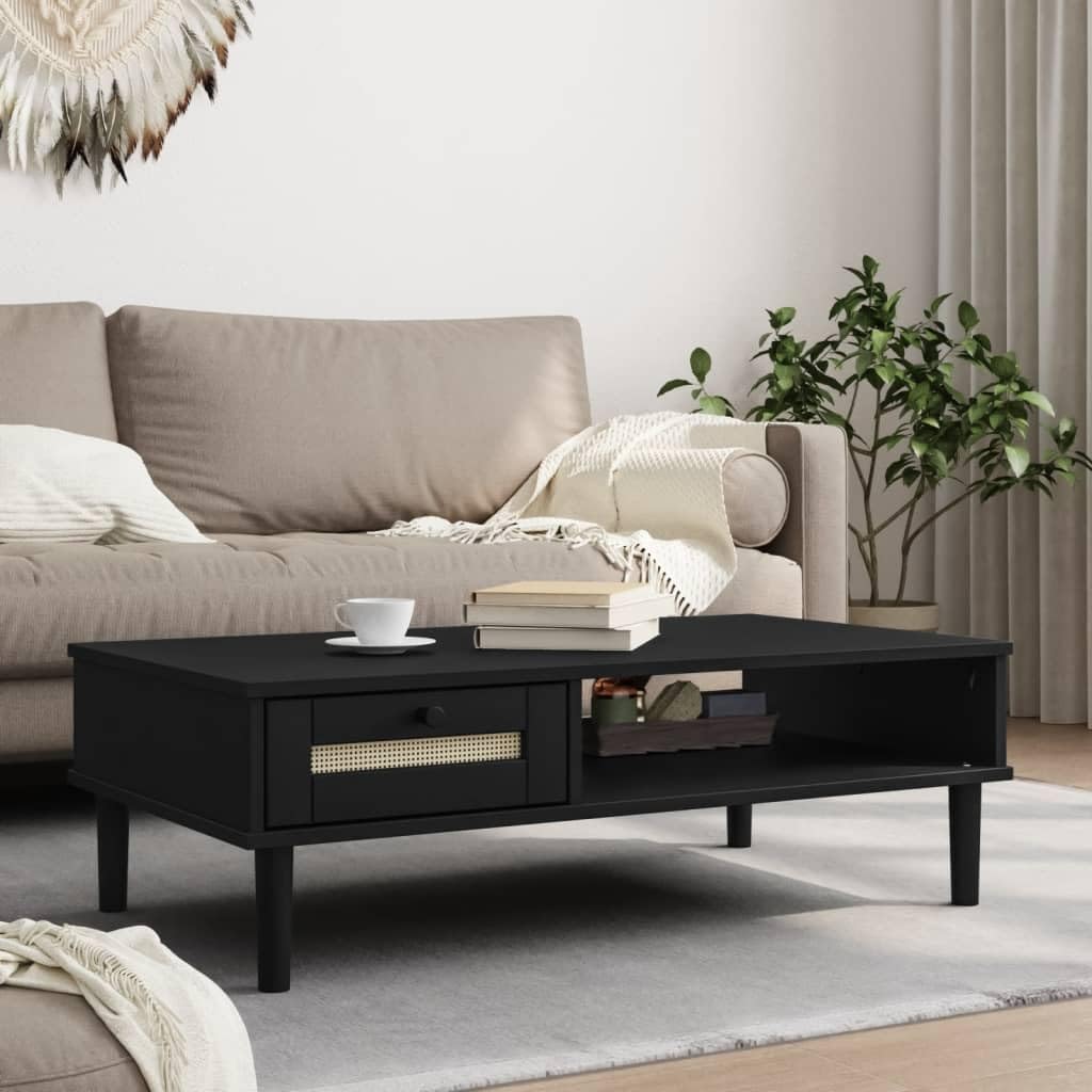 vidaXL SENJA Rattan Look Accent Coffee Table - Black Solid Pine Wood with UV Varnish, Storage Drawer, Rectangular Sofa Side Table for Living Room
