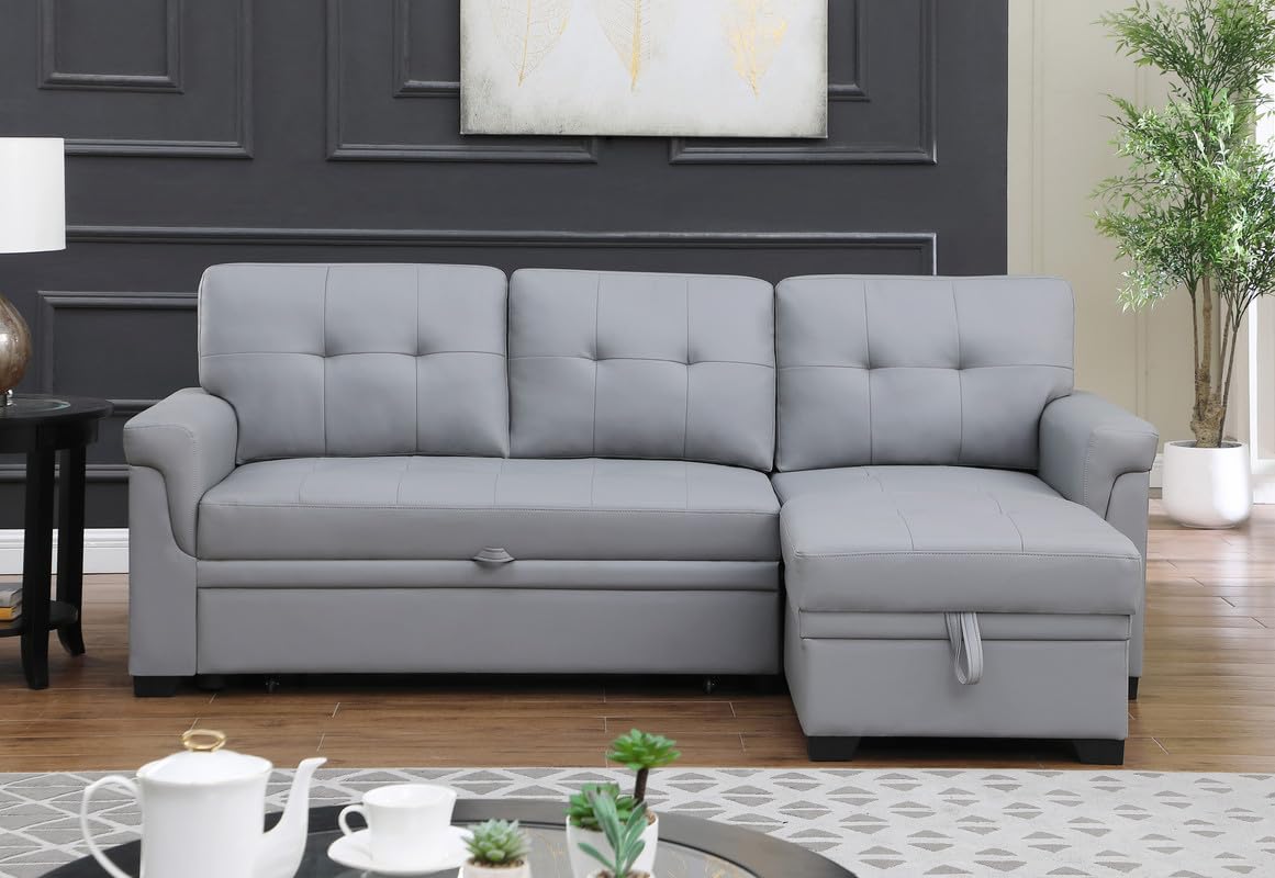 Lilola Home Lexi 83.5&quot; W Gray Vegan Leather Modern Reversible Sleeper Sectional Sofa with Storage Chaise