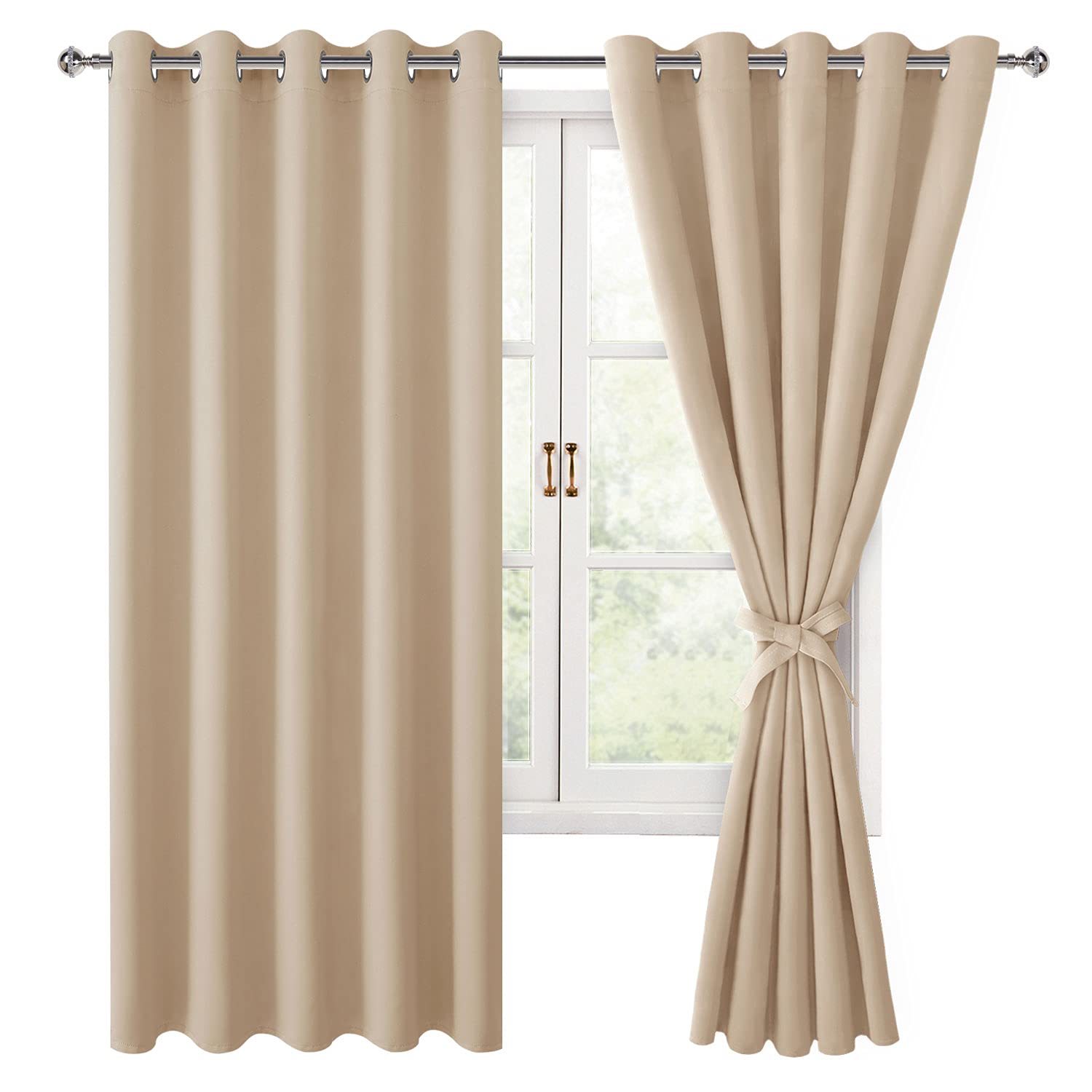 Hiasan Blackout Curtains For Bedroom, 60 X 63 Inches Length - Thermal Insulated & Energy Saving Window Curtains For Living Room, 2 Drape Panels Sewn With Tiebacks, Beige