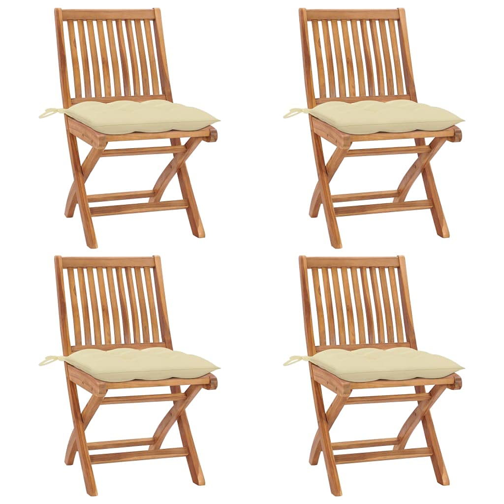 vidaXL Folding Patio Chairs with Cushions - 4 pcs - Solid Teak Wood - Ideal for Homes, Offices, Bars, and Cafes - Foldable for Easy Storage