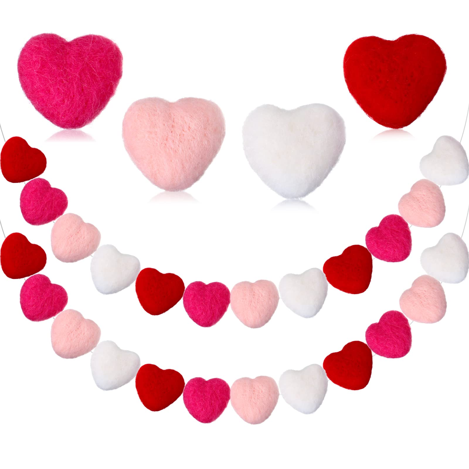 Breling 2 Pieces Valentine Felt Heart Garlands Red Pink White Heart Hanging Garland Felt Romantic Pom Pom Banners for Valentine 
