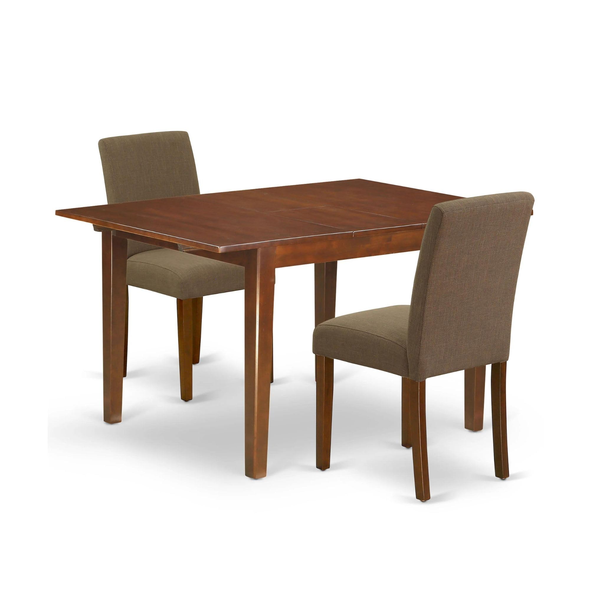 East West Furniture Noab3-Mah-18 3 Piece Dining Room Table Set Contains A Rectangle Kitchen Table With Butterfly Leaf And 2 Coffee Linen Fabric Parson Dining Chairs, 32X54 Inch, Mahogany