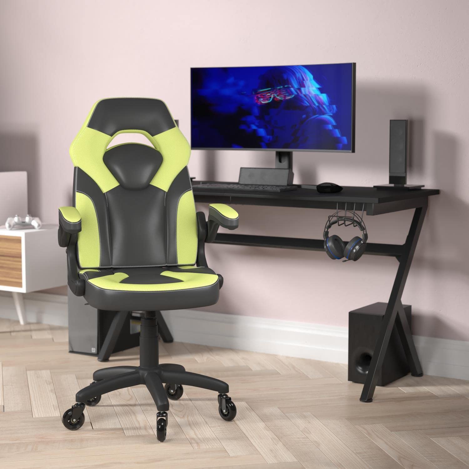 Flash Furniture X10 Gaming Chair Racing Computer Pc Adjustable Chair With Flip-Up Arms And Transparent Roller Wheels, Neon Green/Black Leathersoft