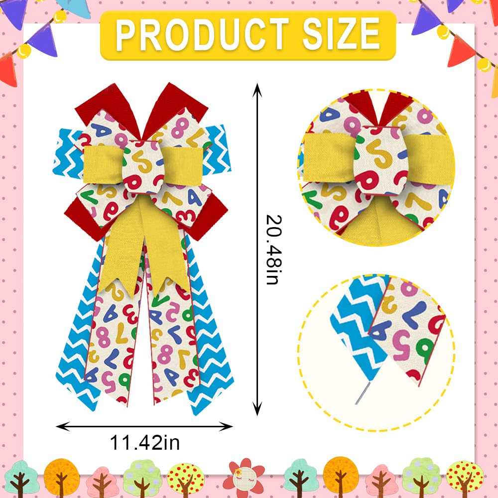 Large Back To School Wreath Bows Yellow Blue Wave Strips Numbers Burlap Linen Bows For Wreaths, School Theme Tree Topper Bows Fo