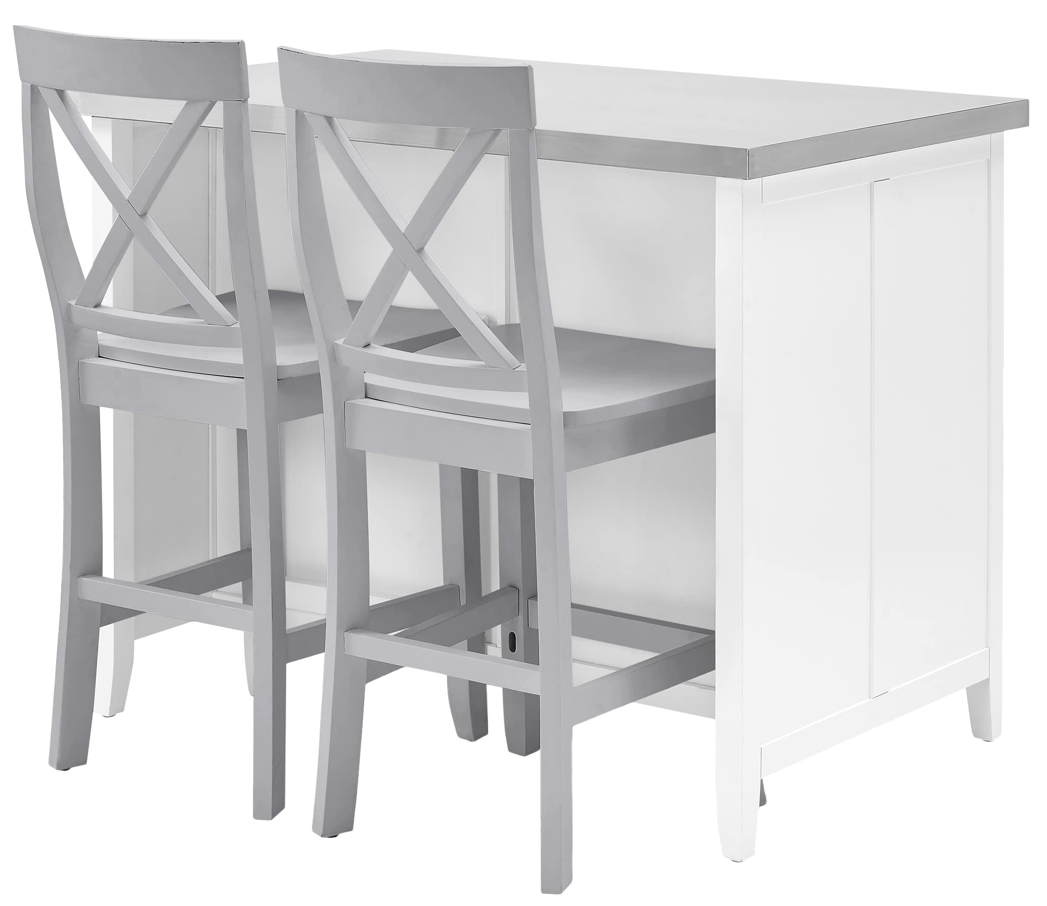 Crosley Furniture Silvia Stainless Steel Top Kitchen Island, Coffee Bar, with a Set of 2 X-Back Stools, White/Gray