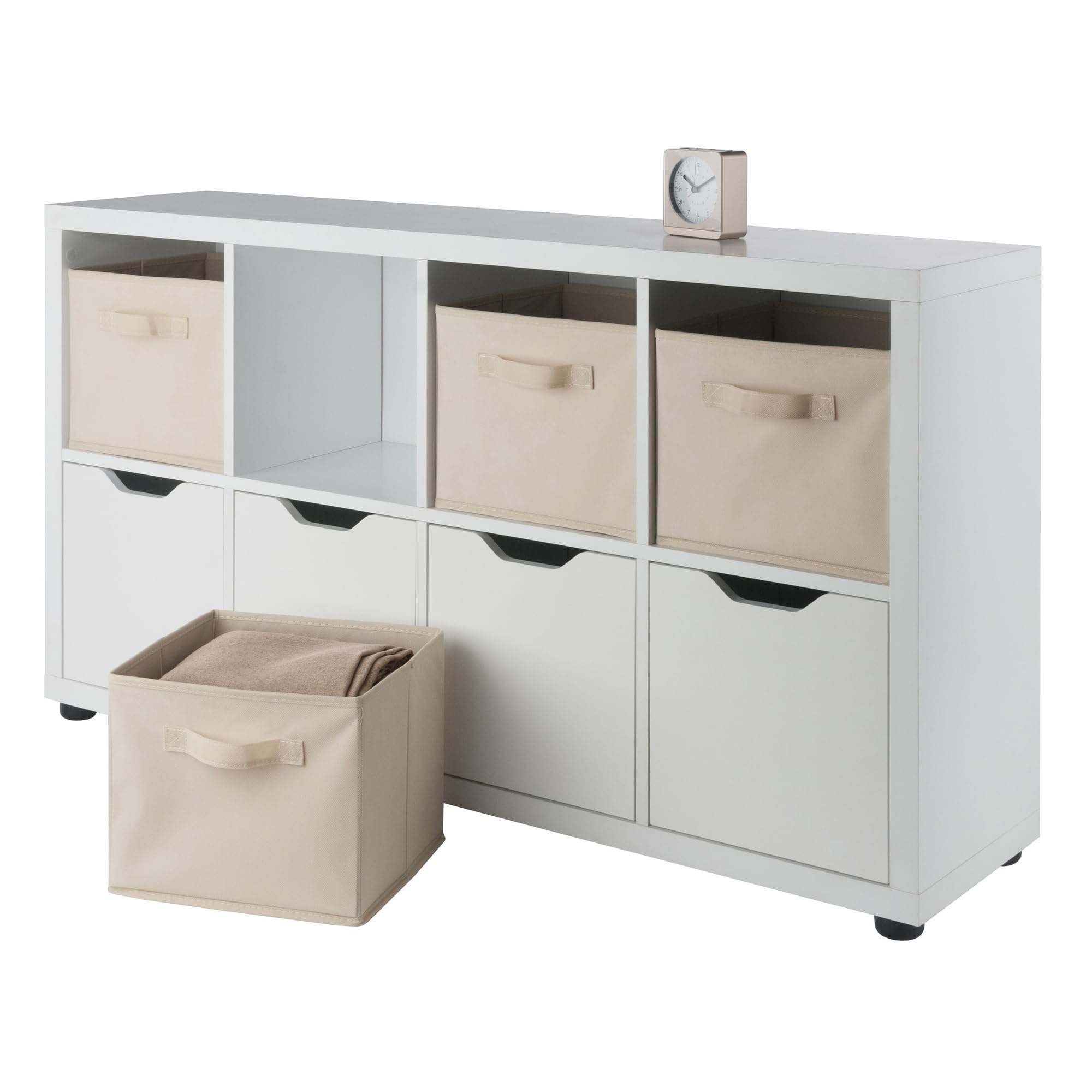 Winsome Julian 2x4 Storage Cabinet Set, for Living Room, Home Office, White, with 4 Beige Baskets