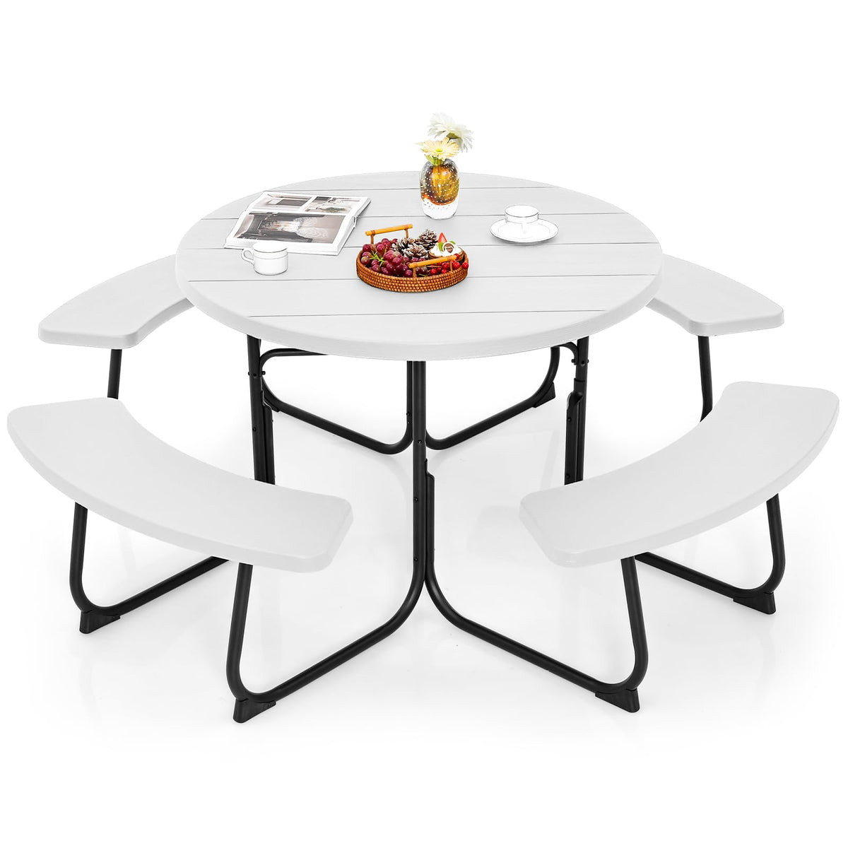 Giantex Picnic Table Set For Up To 8 Persons, Round Outdoor Table And Bench Set With Umbrella Hole, Hdpe Top & Metal Frame, 2000Lbs Capacity, Patio Table Bench Set For Deck Backyard Garden (White)
