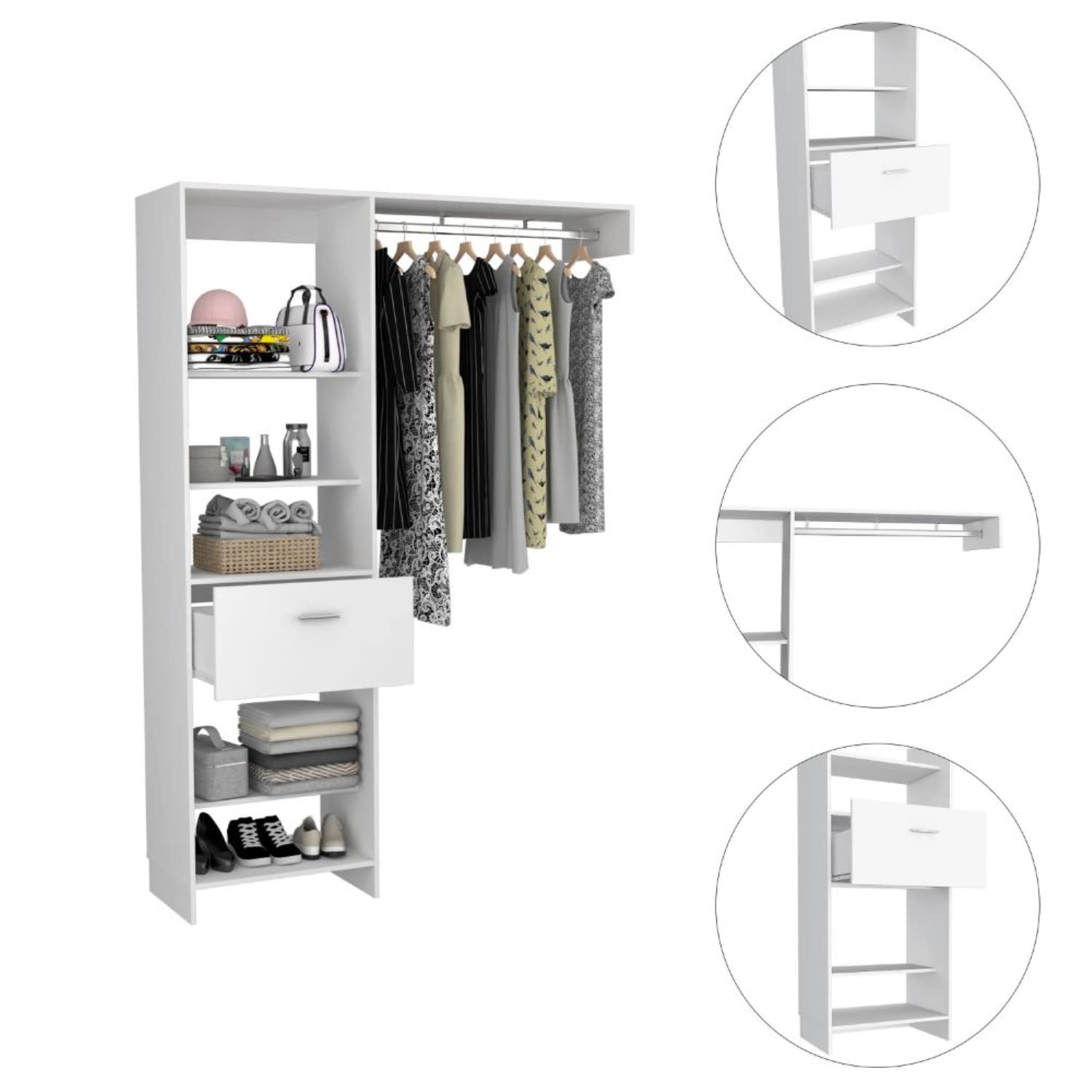 Dynamic 150 Closet System, 5 Open Shelves, 1 Drawer, 1 Metal Rod, White