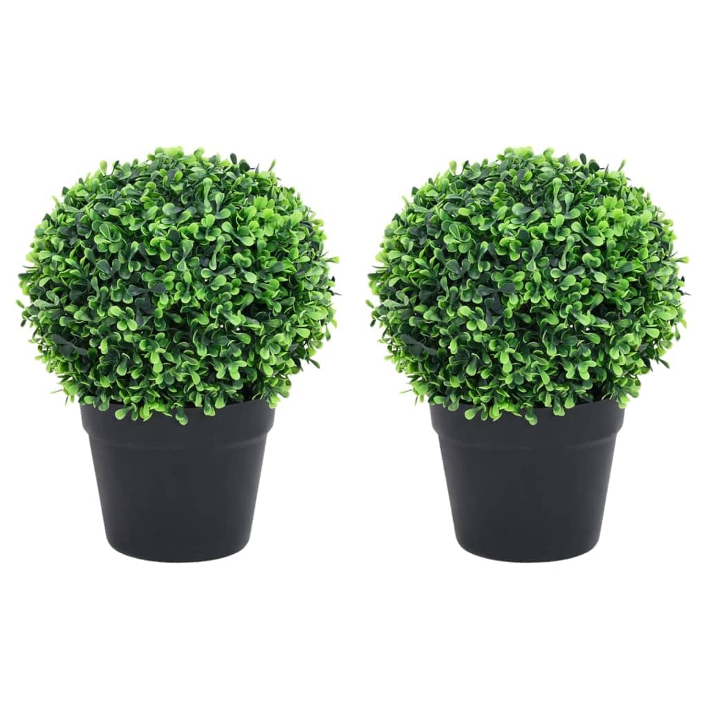 vidaXL Artificial Boxwood Plants with Pots - Set of 2, Ball Shaped and Green, Weather-Resistant and Low-Maintenance for Indoor/Outdoor Decor