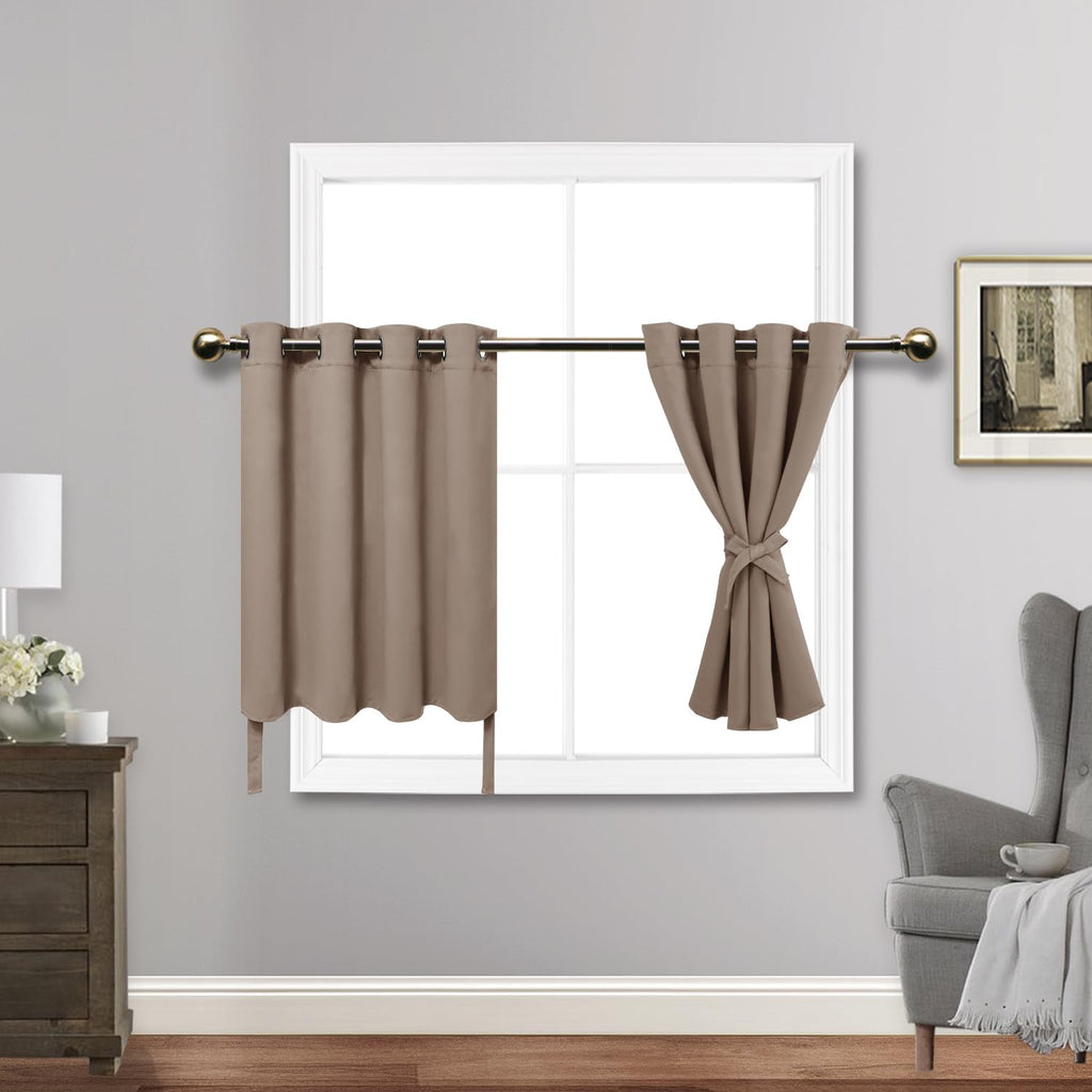 Jiuzhen Short Curtains Kitchen Half Window Blackout Curtains With Tiebacks For Baseroom Shadows, Grommet Curtains For Living Room, Set Of 2 Window Curtain Panels, 52 X 30 Inch Length,Taupe