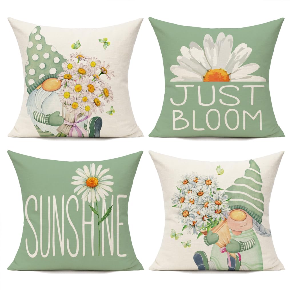 All Smiles Outdoor Green Spring Throw Pillow Covers 18X18 Set Of 4 Summer Decorative Cushion Cases Home D  Cor Flower Decoration