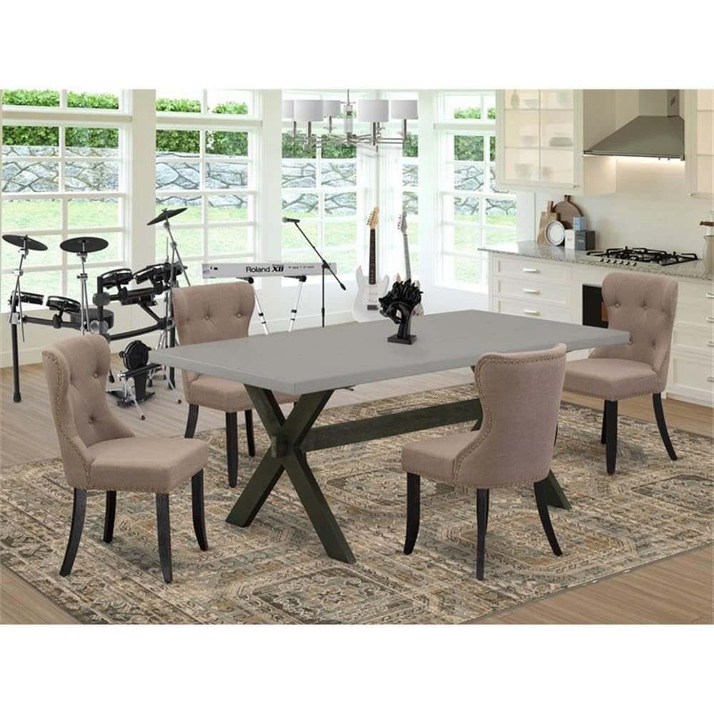 East West Furniture X697Si648-5 5 Piece Kitchen Table & Chairs Set Includes A Rectangle Dining Room Table With X-Legs And 4 Coffee Linen Fabric Parsons Chairs, 40X72 Inch, Multi-Color