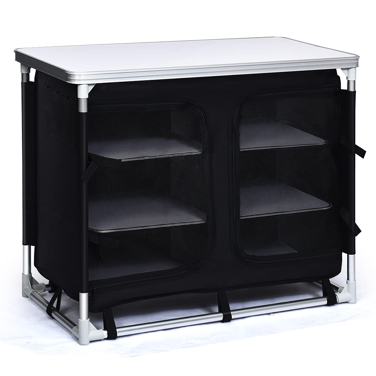 Petsite Portable Camping Kitchen Table With Storage Organizer, Aluminum Folding Cooking Table Camp Kitchen Equipment For Bbq, Party And Picnic, Black