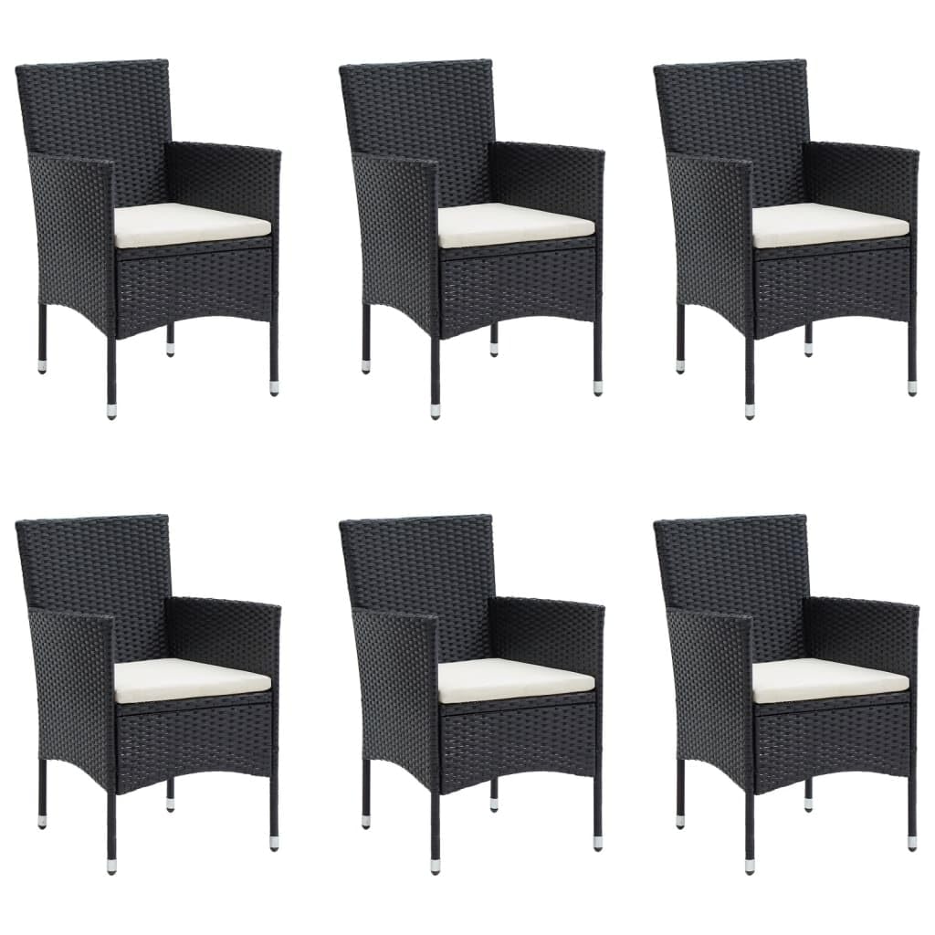 vidaXL 7-Piece Patio Dining Set - Black Poly Rattan Outdoor Furniture with Tempered Glass Tabletop, Padded Cushions and Sturdy Steel Frame