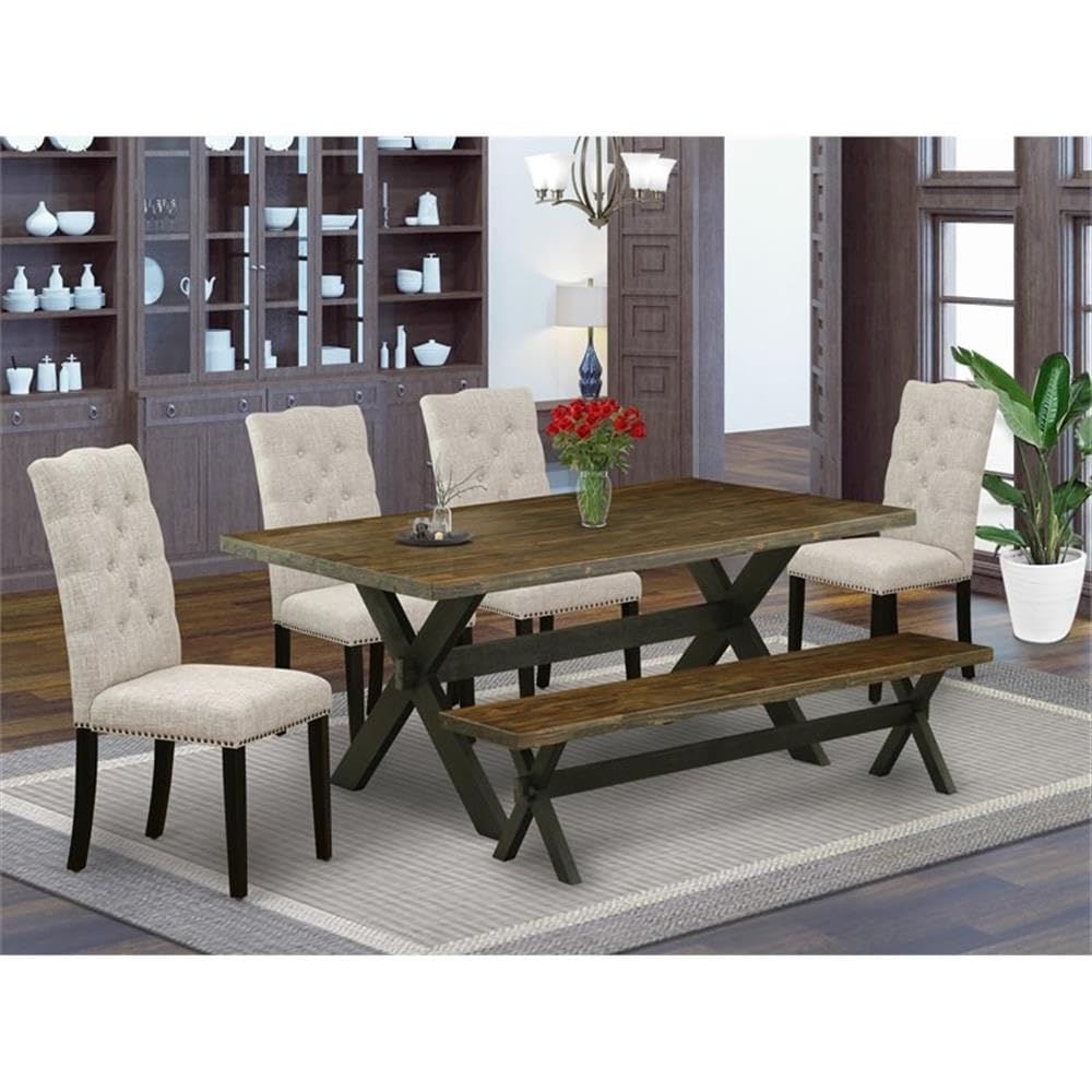 East West Furniture X677El635-6 6 Piece Dining Room Set Contains A Rectangle Dining Table With X-Legs And 4 Doeskin Linen Fabric Parson Chairs With A Bench, 40X72 Inch, Multi-Color