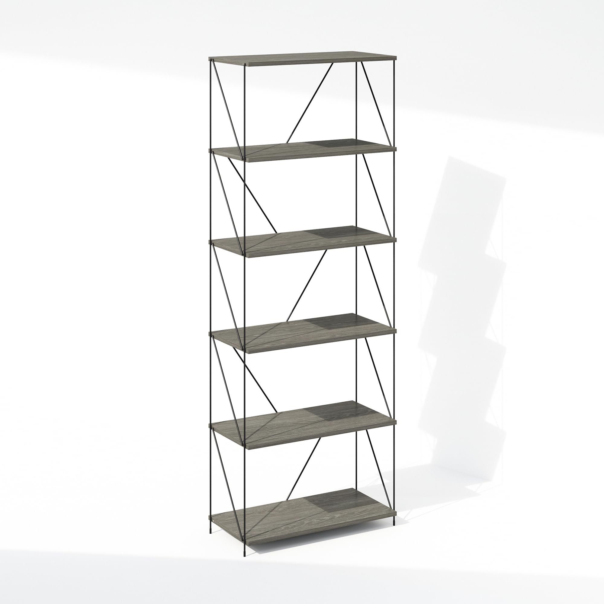 Furinno Wire 6-Tier Industrial Style Metal Frame Bookcase, Display Shelf, 24 Wide, Finn Oak