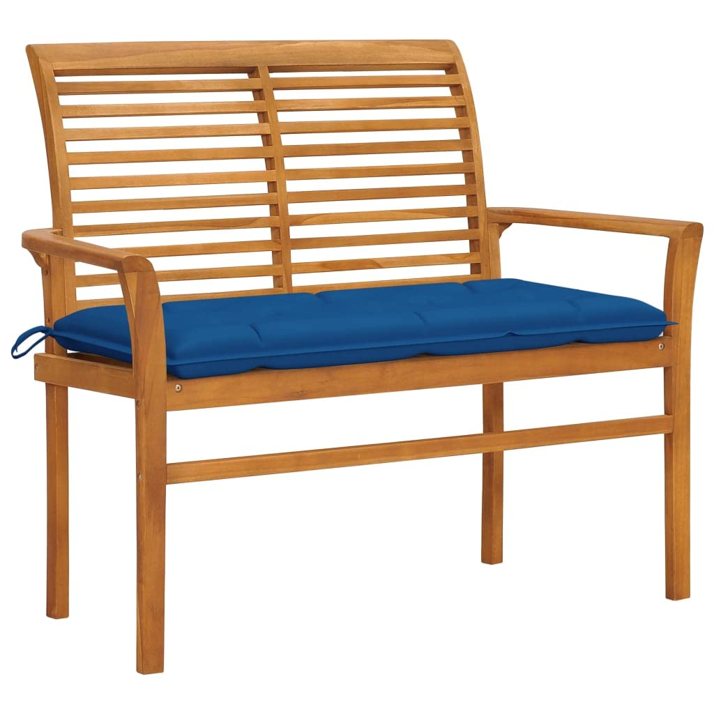 vidaXL Solid Teak Wood Patio Bench with Blue Cushion - Outdoor Furniture for Garden, Patio, Deck, Comfortable Design & Durable Material