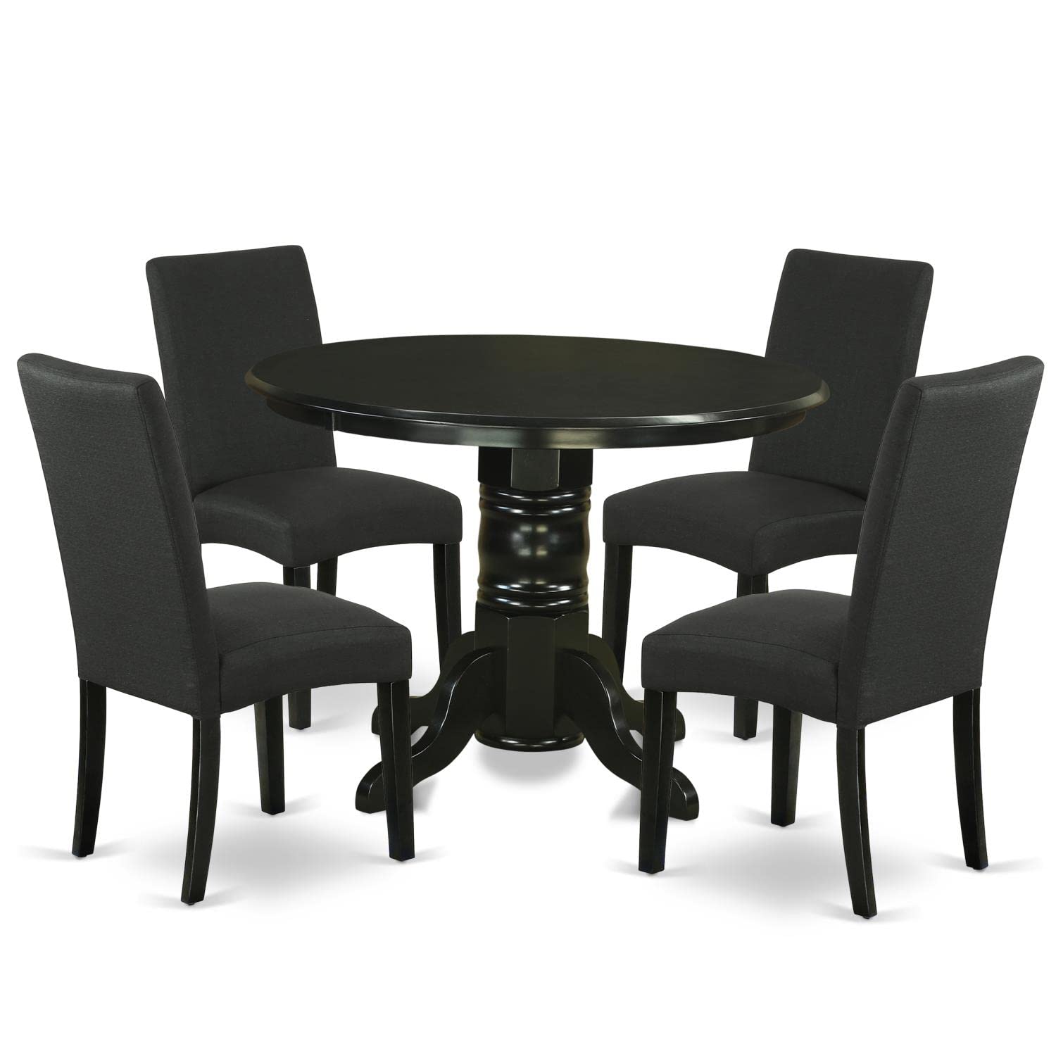 East West Furniture Shdr5-Blk-24 5 Piece Dinette Set For 4 Includes A Round Kitchen Table With Pedestal And 4 Black Color Linen Fabric Upholstered Parson Chairs, 42X42 Inch, Black