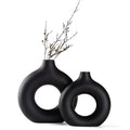 Hanaomaoyi Black Ceramic Donut Vase Set of 2, Hollow Round Matte Pampas Flower Vases for Boho Home Wedding Party Room Dinner Tab
