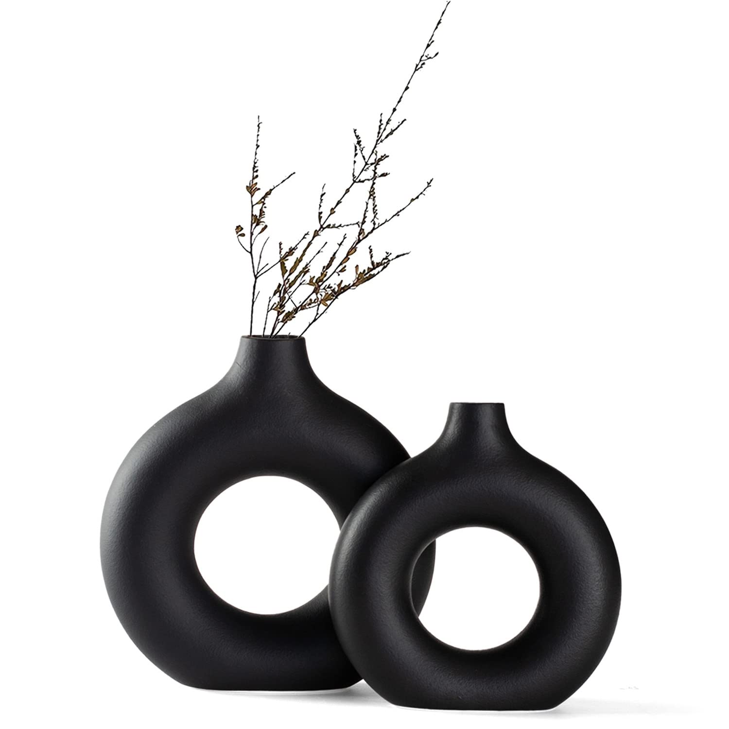 Hanaomaoyi Black Ceramic Donut Vase Set of 2, Hollow Round Matte Pampas Flower Vases for Boho Home Wedding Party Room Dinner Tab