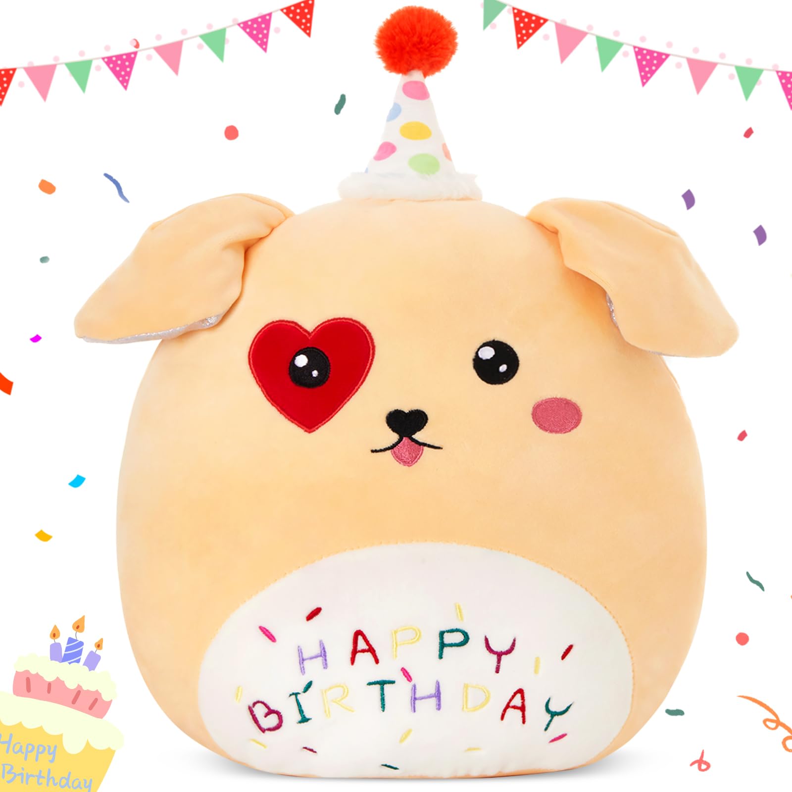 BSTAOFY 14' Cute Happy Birthday Puppy Soft Plush Pillow Birthday Dog Stuffed Animal Birthday Gifts for Girls Boys Baby Kids