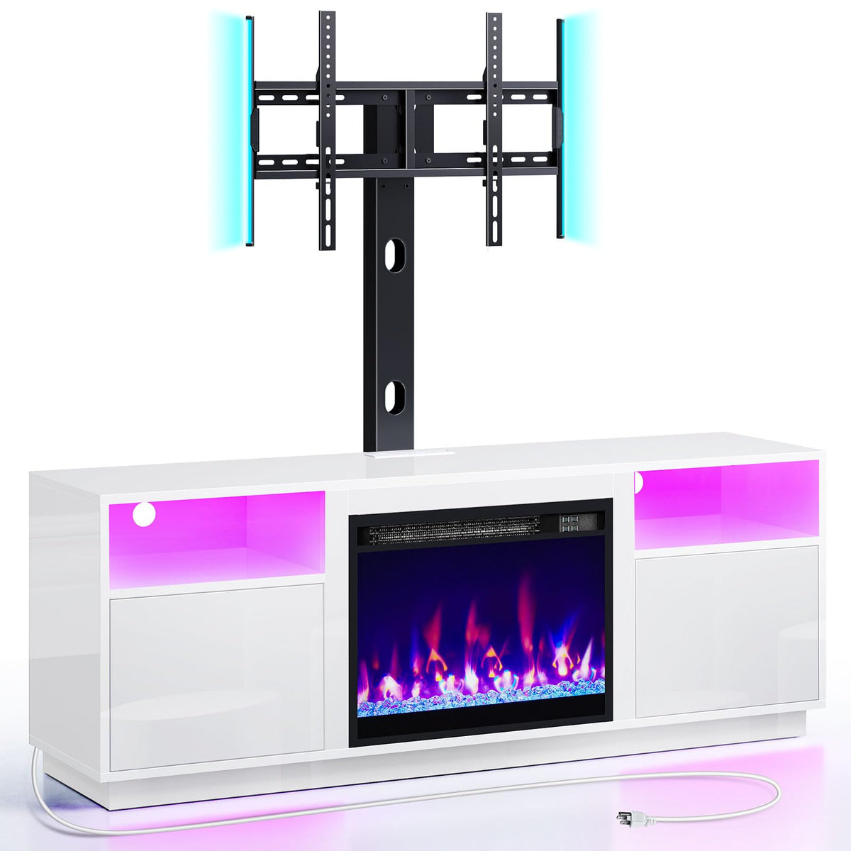 Rolanstar Fireplace Tv Stand With Led Lights And Power Outlets, Entertainment Center With Electric Fireplace, Swivel Tv Stand Mount For 45/55/60/65 Inch Tvs, Height Adjustable Tv Console, White