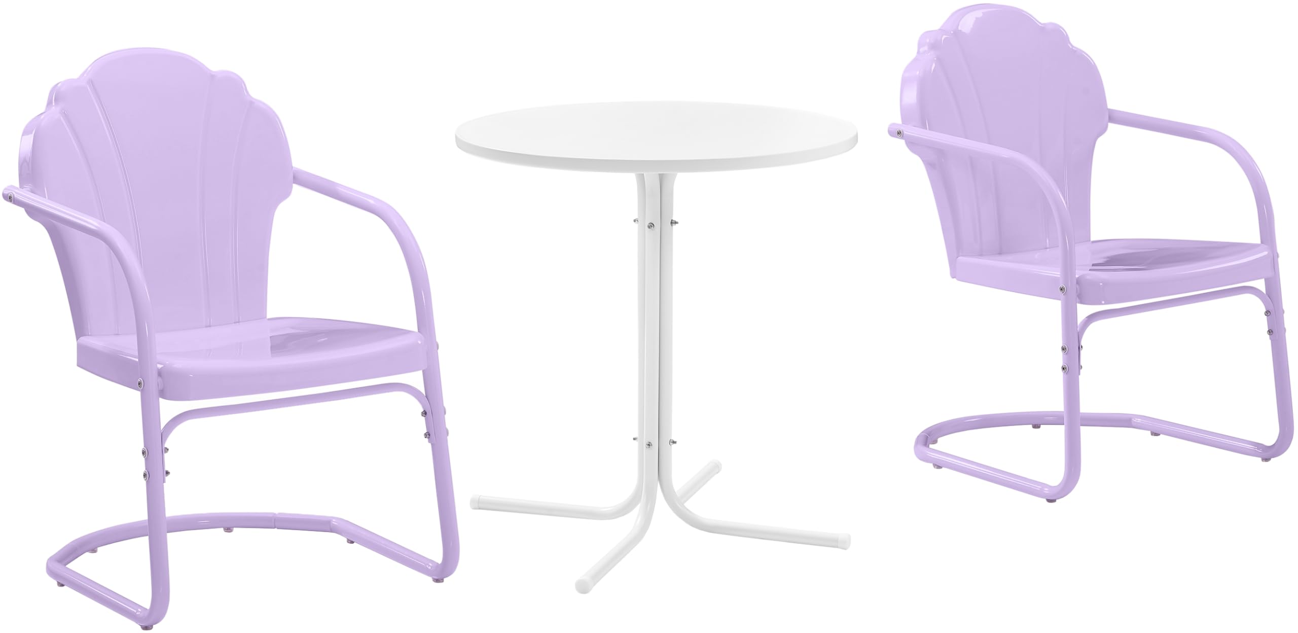 Crosley Furniture Tulip 3-Piece Outdoor Bistro Set, Vintage Retro Metal Patio Table And Chairs For Dining, Lavender Gloss/White Satin