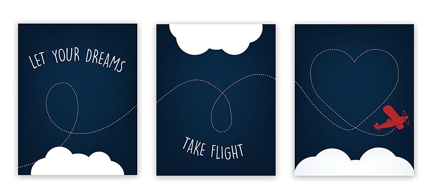 Nursery Decor, Let Your Dreams Take Flight Print 05x07 Inch Print in Blue, Red Plane, Wall Art Prints, Typography, Kids Wall Ar