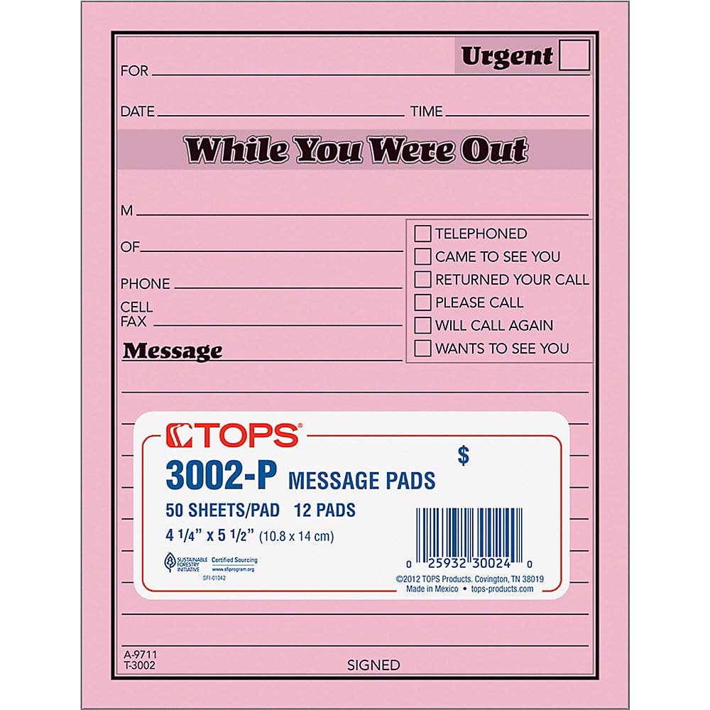 Tops While You Were Out One-Sided Note Pads, 4.25 X 5.5 Inches, Pink, 50 Sheets Per Pad, 12 Pads Per Pack (3002P)