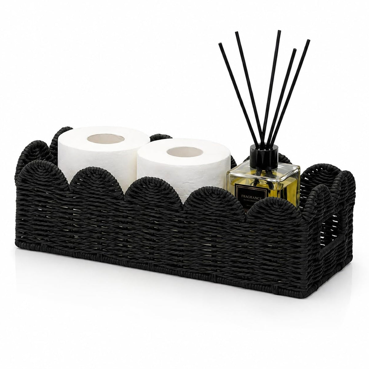 Rattanzenith Black Scalloped Basket, Toilet Tank Tray, Back of Toilet