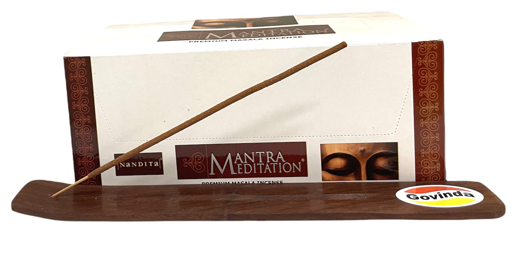 Govinda Incense Stick Holder Bundle with Nandita Incense Sticks - 12 Boxes x 15 Grams (Mantra Meditation)