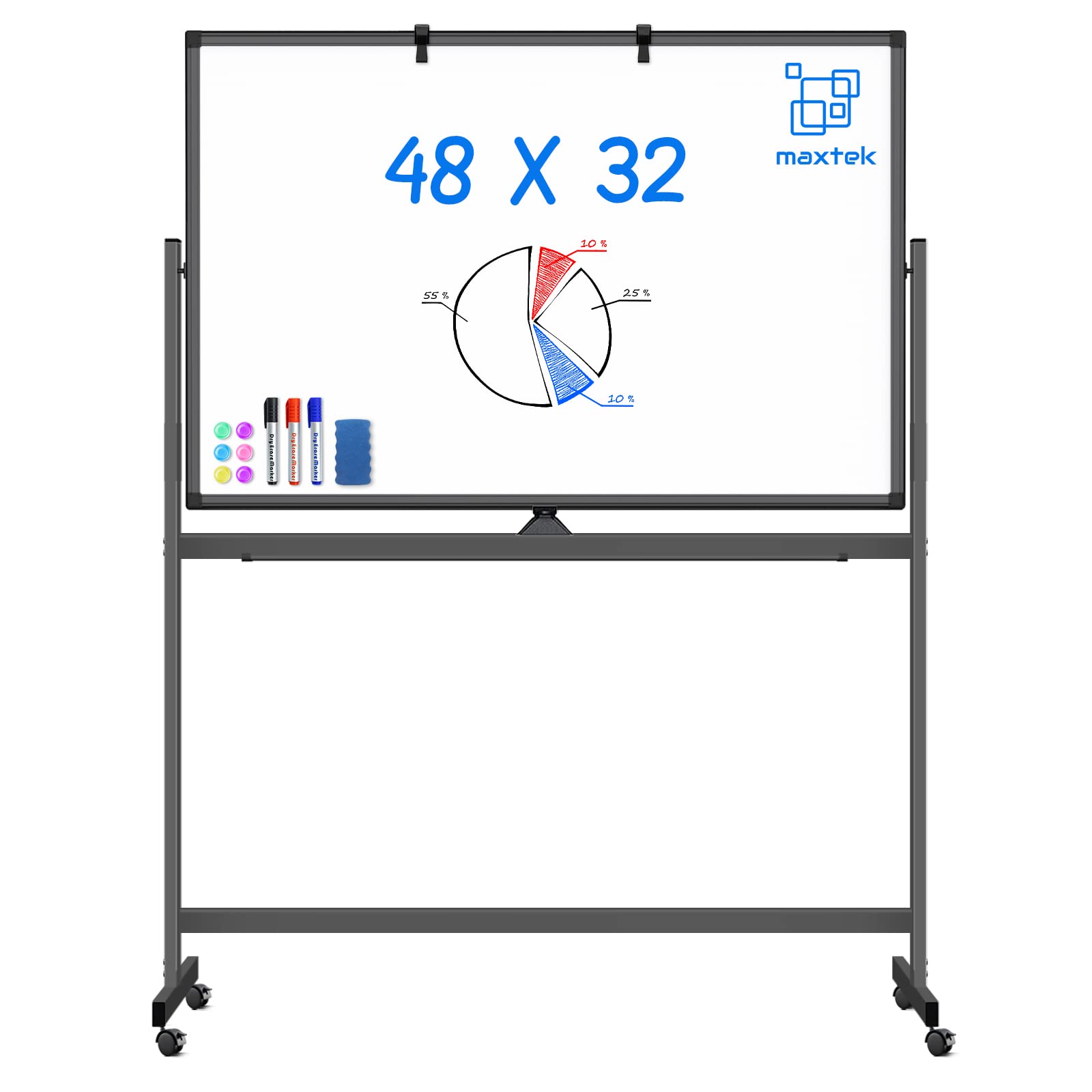 Large Rolling White Board Easel On Wheel, Maxtek 48X32 Inches Double-Sided Mobile Whiteboard, Reversible Magnetic Dry Erase Boar