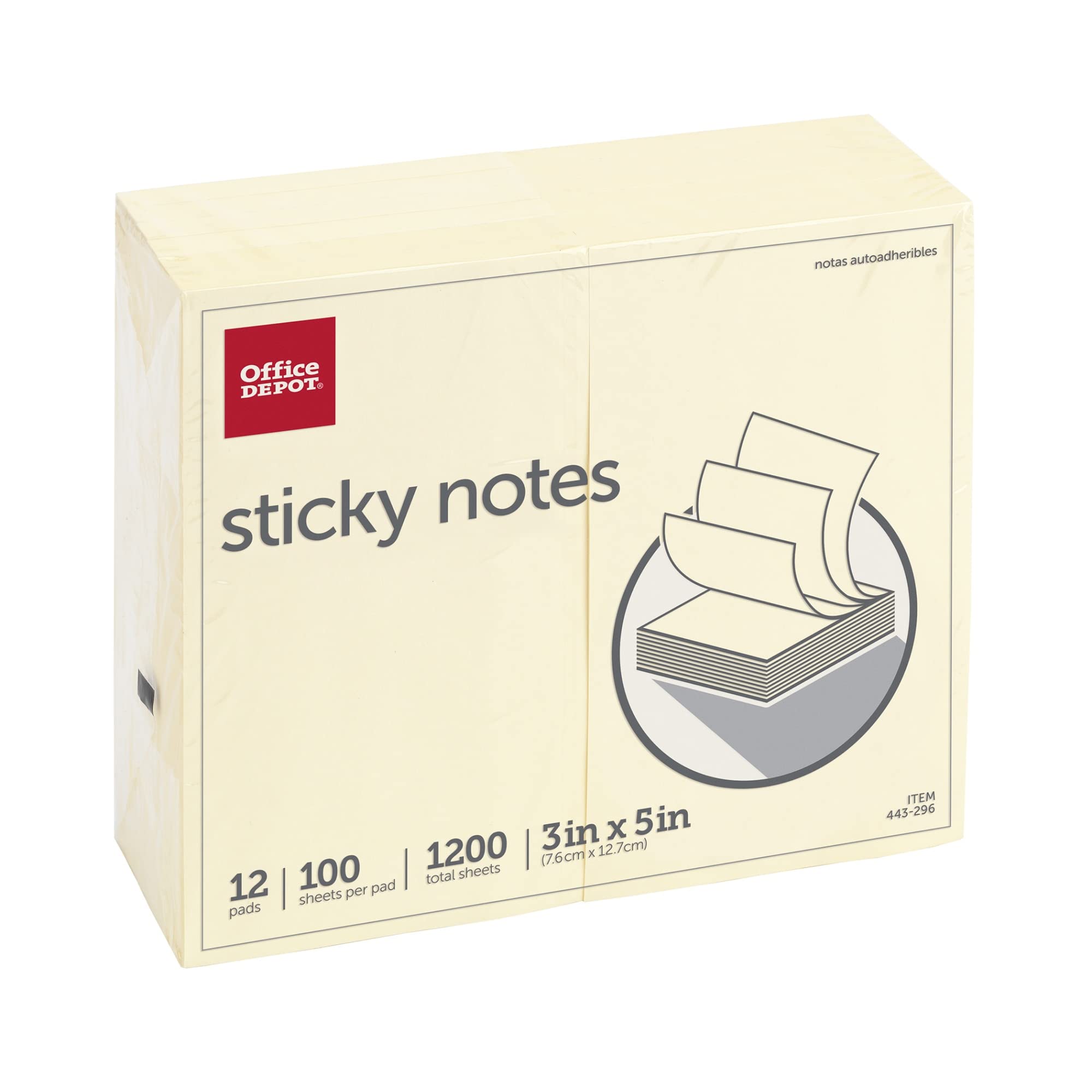 Office Depot(R) Self-Stick Notes, 3In. X 5In., 100 Sheets Per Pad, Yellow, Pack Of 12