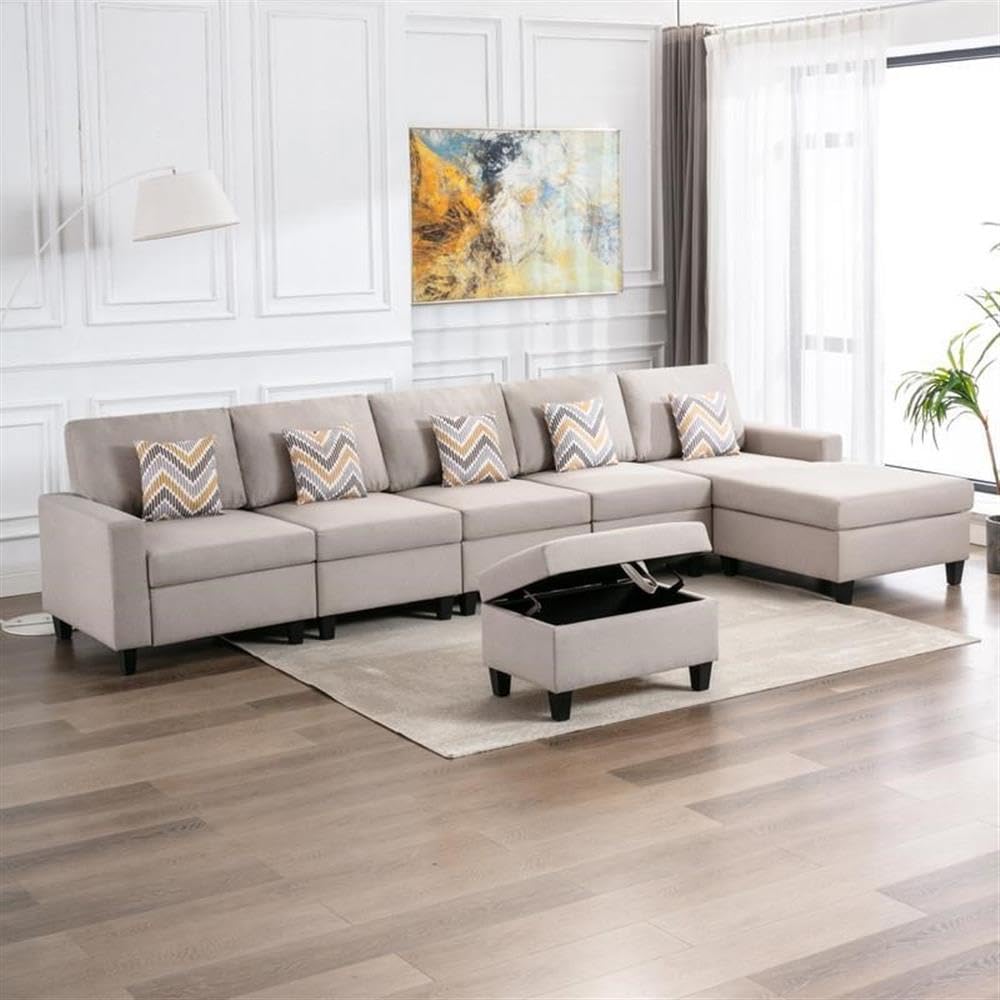 Lilola Home Nolan Beige Linen Fabric 6Pc Reversible Sectional Sofa Chaise with Interchangeable Legs, Pillows and Storage Ottoman