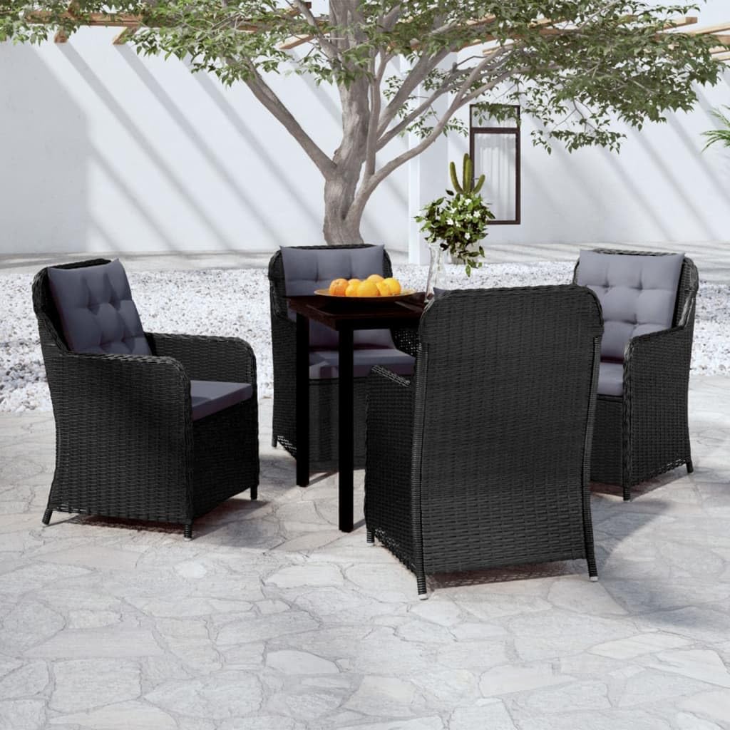 vidaXL 5-Piece Outdoor Patio Dining Set in Black - with Steel Frame, PE Rattan Chairs, & Glass Tabletop - Perfect for Garden/Patio