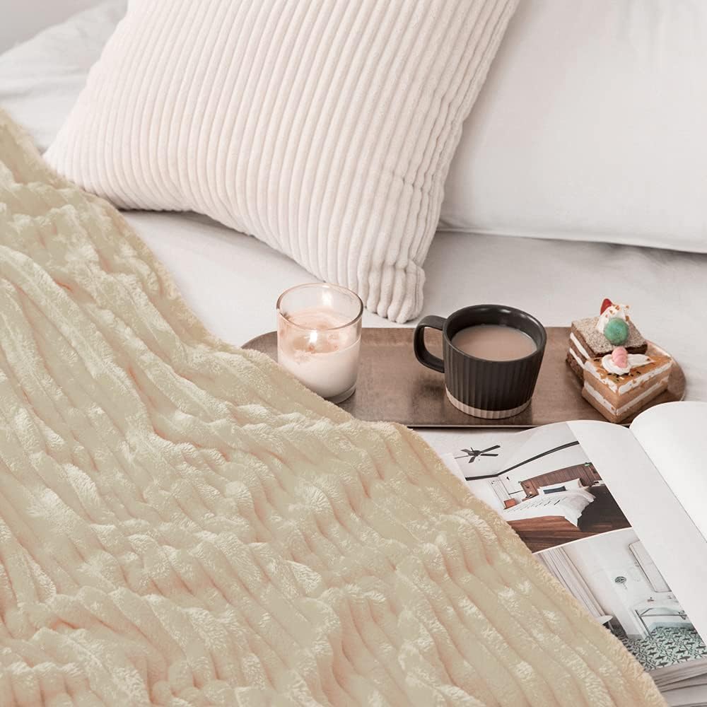 Miulee Beige Throw Blanket 3D Ribbed Jacquard Fleece Flannel Velvet Plush Decorative Bed Blanket (Throw, 50' X 70') - Super Soft, Lightweight, Warm And Cozy For Couch Sofa