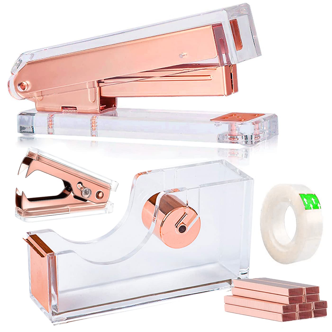Acrylic Rose Gold Tape Dispenser Desktop Stapler, Acrylic Office Supplies Includes Staple Remover, Tape, 1000Pcs Staples Desk Ac