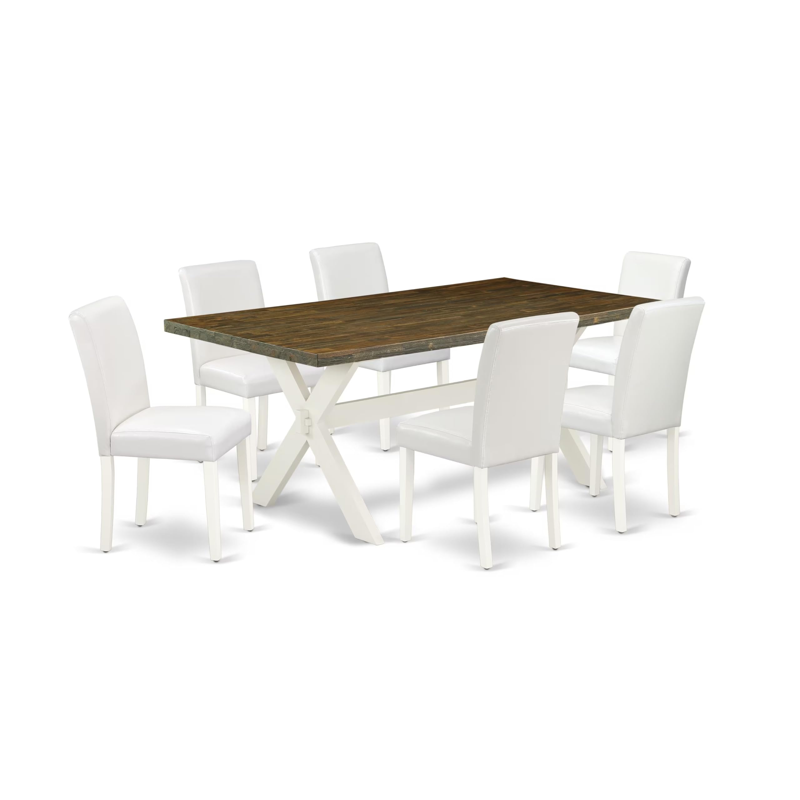East West Furniture X077Ab264-7 7 Piece Dining Room Table Set Consist Of A Rectangle Dining Table With X-Legs And 6 White Faux Leather Upholstered Parson Chairs, 40X72 Inch, Multi-Color