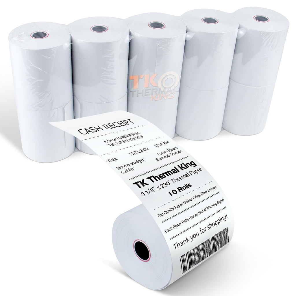 Tk Thermal King, (10 Rolls) 3 1/8' 230' Feet White Thermal Paper Cash Register Pos Receipt, Fits All Credit Card Terminal Print