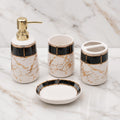 Store2508 White, Black & Gold Marble Design 4 Piece Ceramic Bathroom Accessories Set with Soap Dispenser, 2 Tumblers & Soap Dish