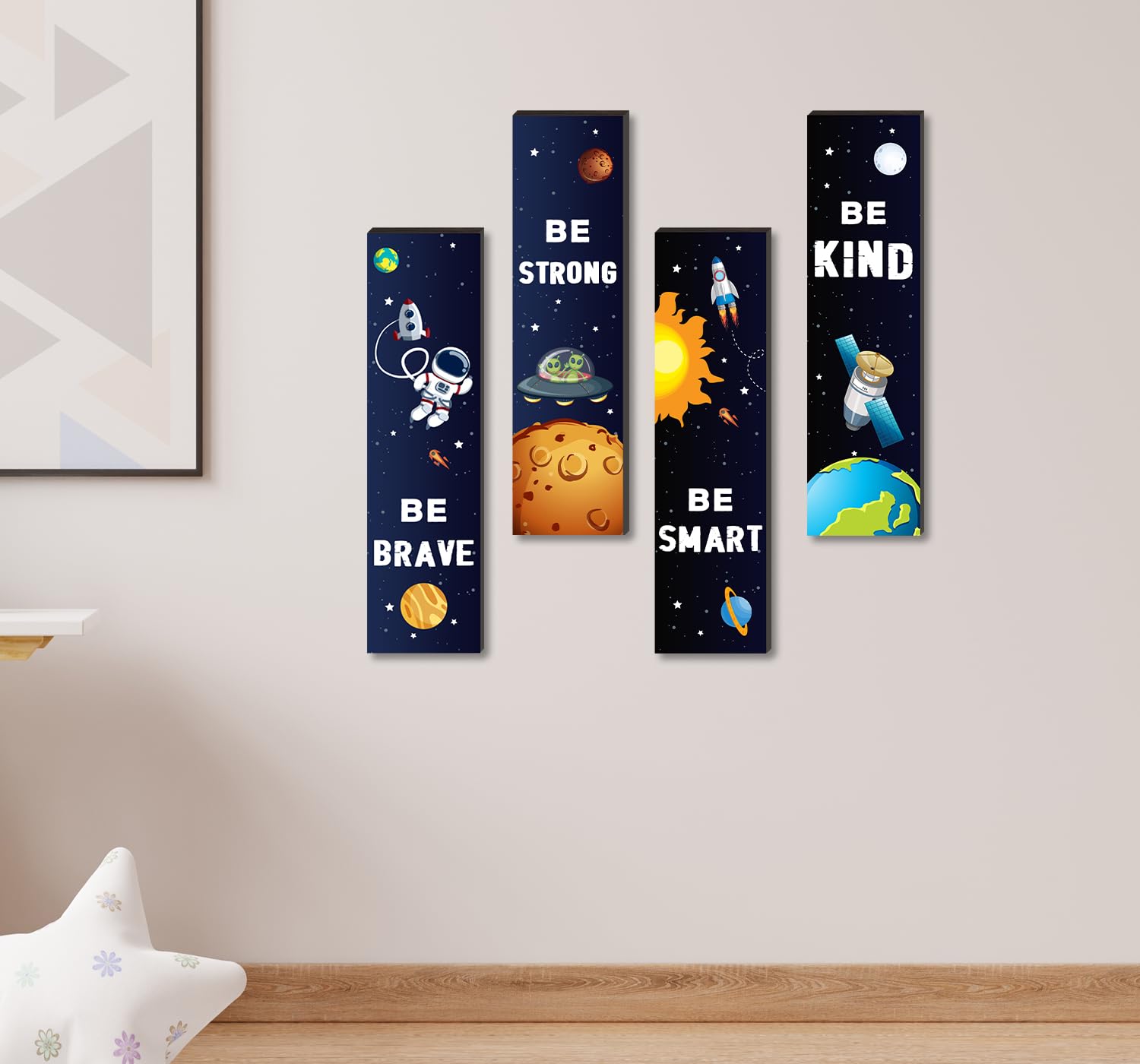 4 Pieces Space Decor Wooden Hanging Wall Plaques, Outer Space Theme Room Wall Art Decor, Boys Bedroom Decor Space Motivational Q
