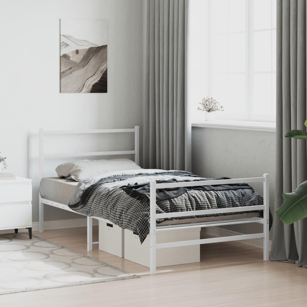 vidaXL White Metal Single Bed Frame with Headboard/Footboard for Bedroom - 39.4"x78.7" Mattress Support
