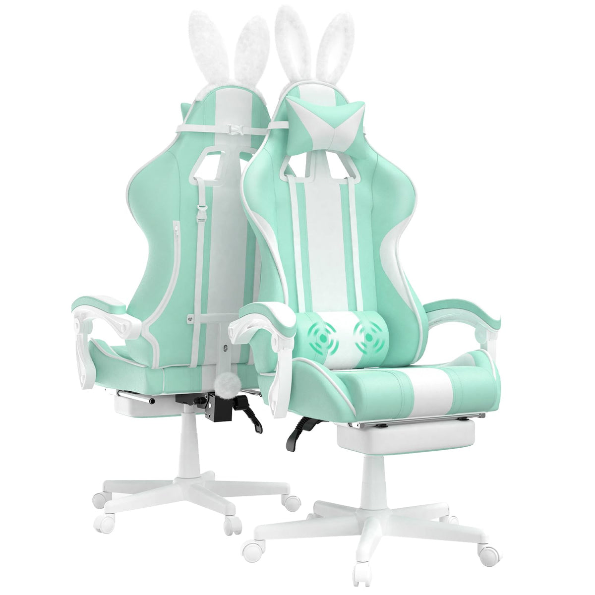 Ferghana Kawaii Light Green Gaming Chair With Bunny Ears, Ergonomic Cute Gamer Chair With Footrest And Massage, Racing Reclining Leather Computer Game Chair 250Lbs For Girls Adults Teens Kids