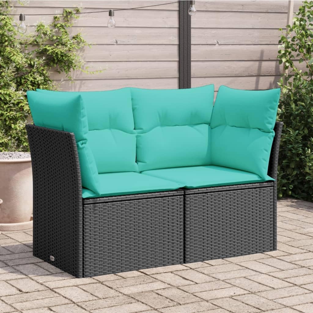 vidaXL Patio Sofa with Cushions - 2-Seater Outdoor Loveseat - Black Poly Rattan - Storage Function - Comfortable - UV-Resistant