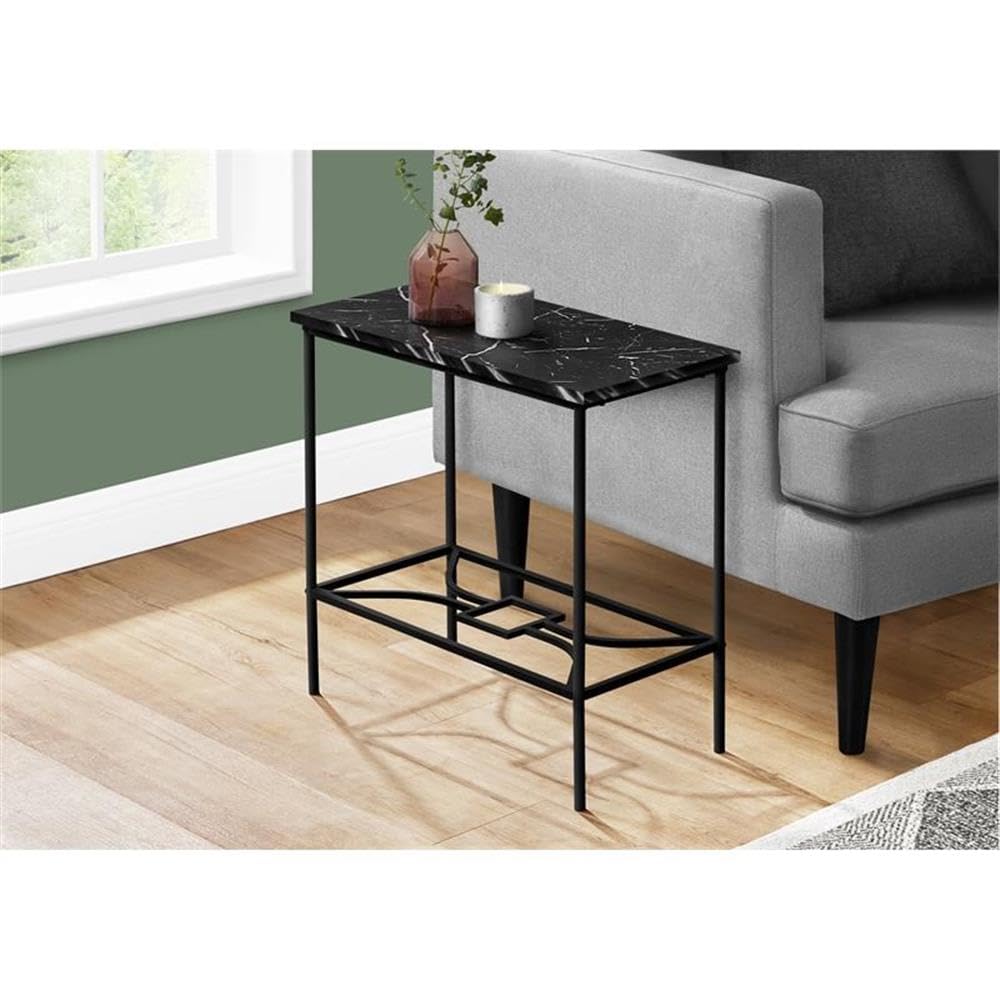 Monarch Specialties 2074 Accent Table, Side, End, Narrow, Small, 2 Tier, Living Room, Bedroom, Laminate, Contemporary, Modern Table-22, 23.75&quot; L x 11.75&quot; W x 22&quot; H, Black Marble-Look/Black Metal