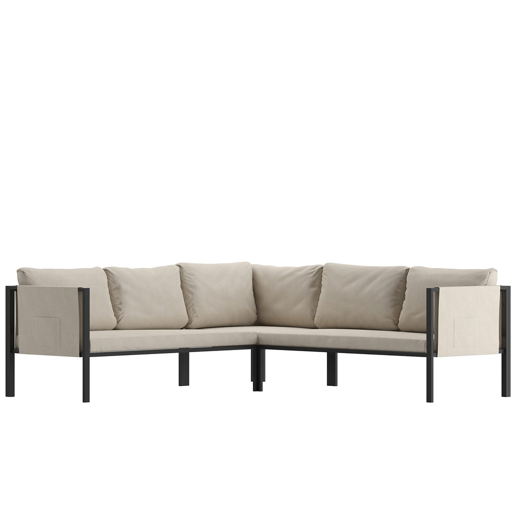 Flash Furniture Lea Indoor/Outdoor Sectional With Cushions - Modern Steel Framed Chair With Dual Storage Pockets, Black With Beige Cushions